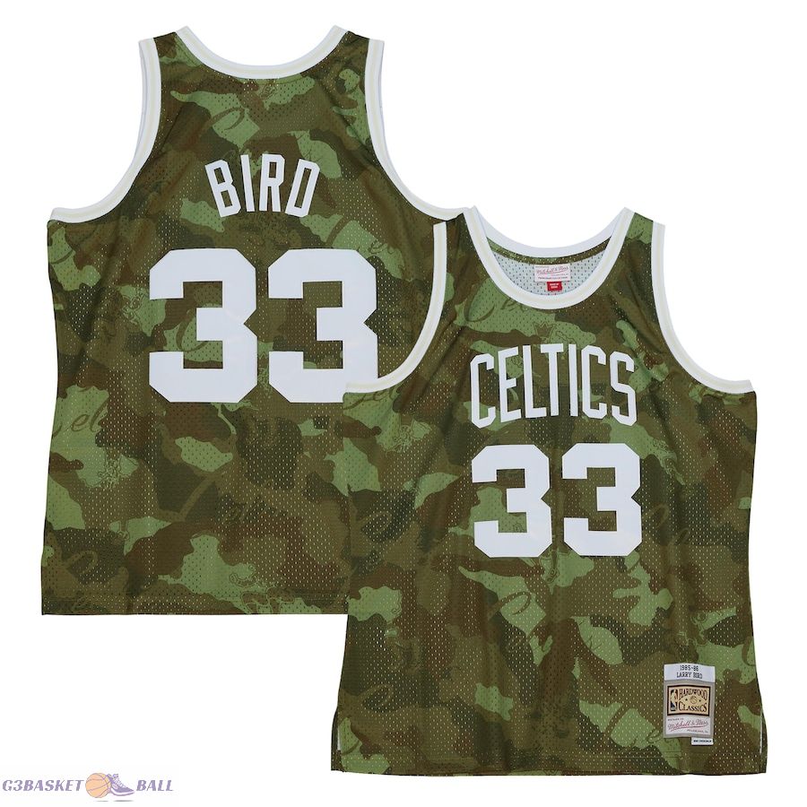 Men's Boston Celtics Larry Bird Mitchell & Ness Camo Hardwood Classics 1985/86 Ghost Green Swingman Jersey