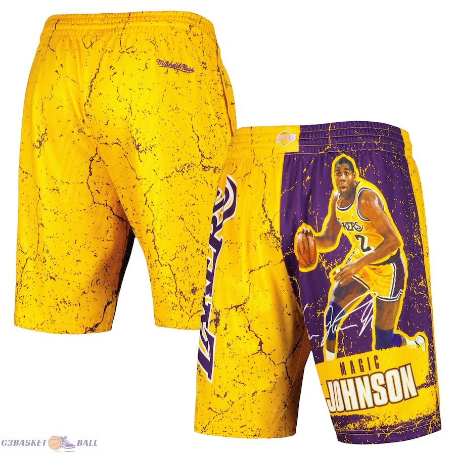 Men's Los Angeles Lakers Magic Johnson Mitchell & Ness Gold Hardwood Classics Player Burst Shorts