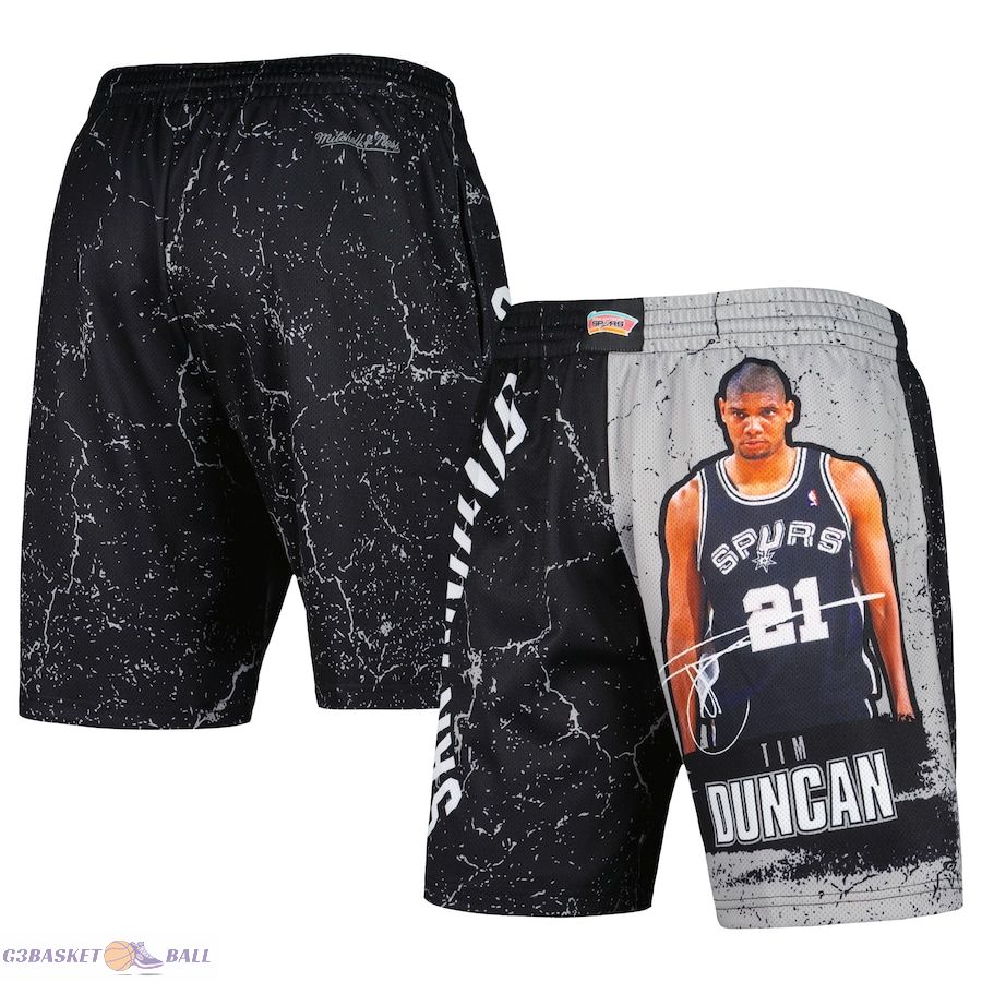 Men's San Antonio Spurs Tim Duncan Mitchell & Ness Black Hardwood Classics Player Burst Shorts