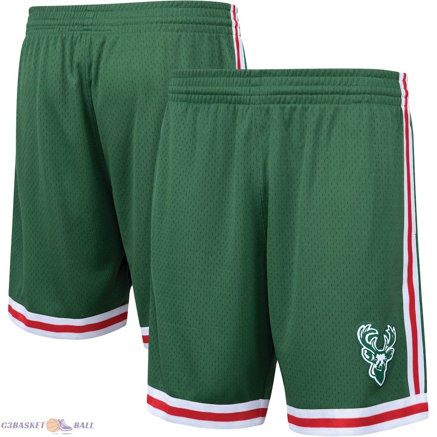 Men's Milwaukee Bucks Mitchell & Ness Hunter Green Hardwood Classics Primary Logo Swingman Shorts