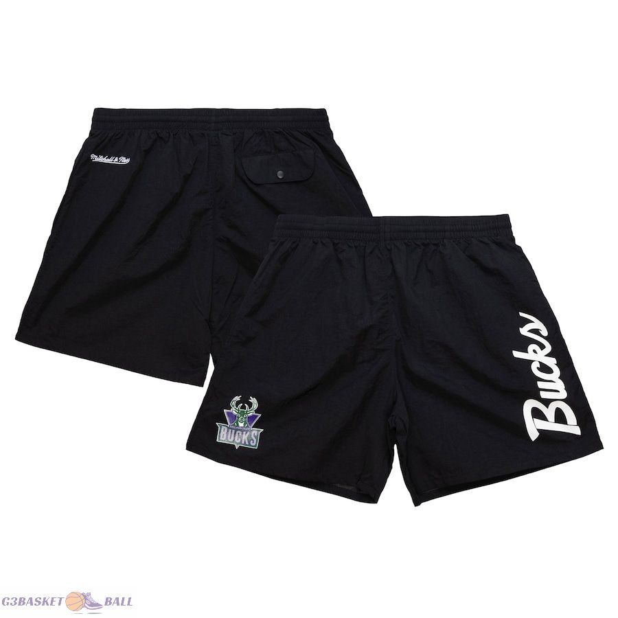 Men's Milwaukee Bucks Mitchell & Ness Black Team Essentials Nylon Shorts Men's Milwaukee Bucks Mitchell & Ness Black Team Essentials Nylon Shorts