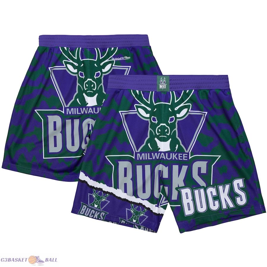 Men's Milwaukee Bucks Mitchell & Ness Purple/Green Jumbotron 2.0 Sublimated Shorts