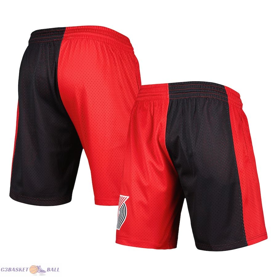 Men's Portland Trail Blazers Mitchell & Ness Black/Red Hardwood Classics 1996 Split Swingman Shorts